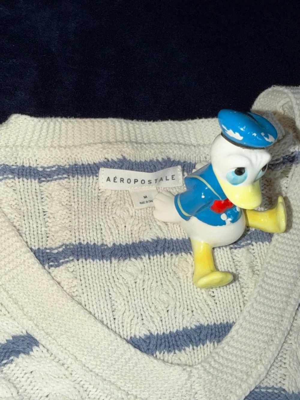 Aeropostale Cream Cable Knit V-Neck Sweater with Light Blue Stripes
